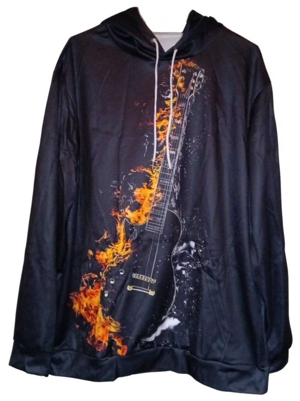 Men's XL Black Hooded Sweatshirt with Flaming Guitar & Kangaroo Front Pocket